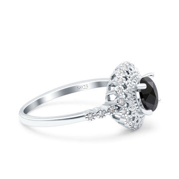 Halo Art Deco Wedding Ring Round Simulated Black CZ 925 Sterling Silver